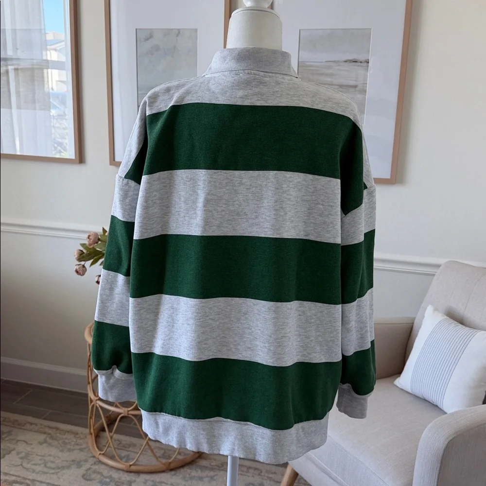 ZARA Tribeca Midtown NY Rugby Polo Sweatshirt Green Gray Striped Oversized - Picture 6 of 15